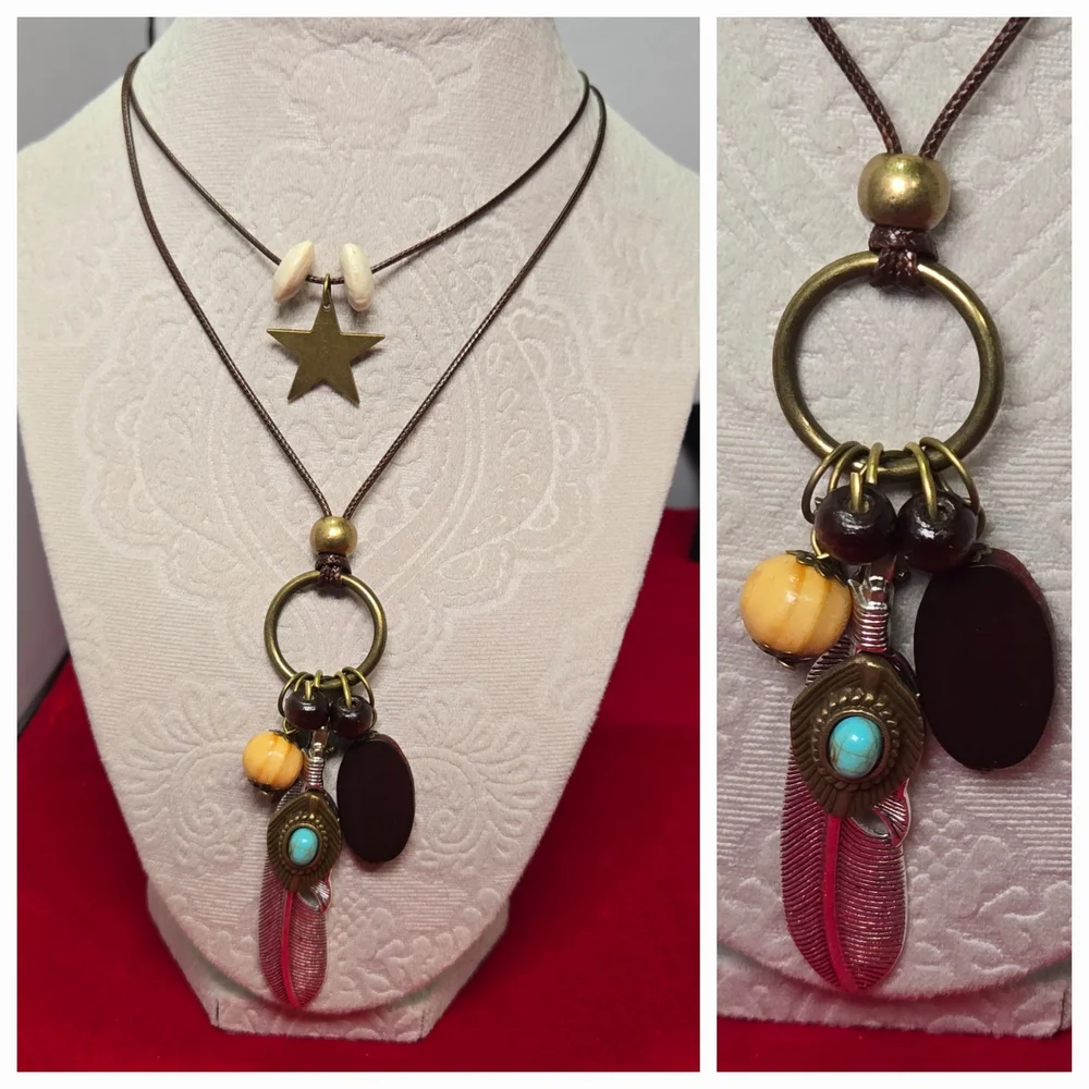 Layered Boho Necklace Feather Turquoise Wood Star Western Southwestern Charms